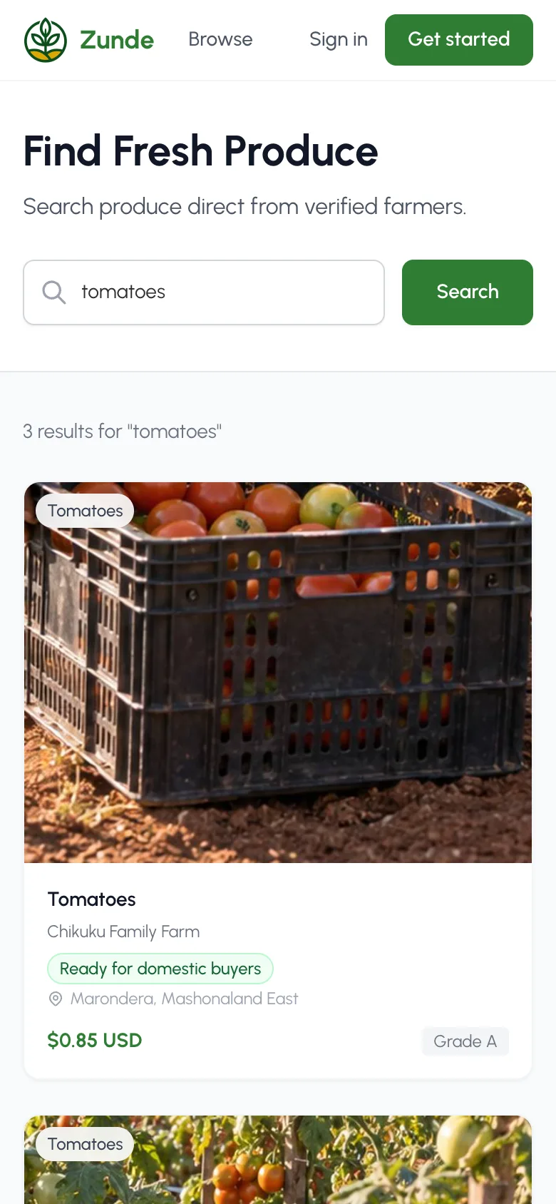 A buyer’s search for tomatoes on zunde.app: a farm’s listing with its photo, its readiness for domestic buyers, its town and its price. Example data.