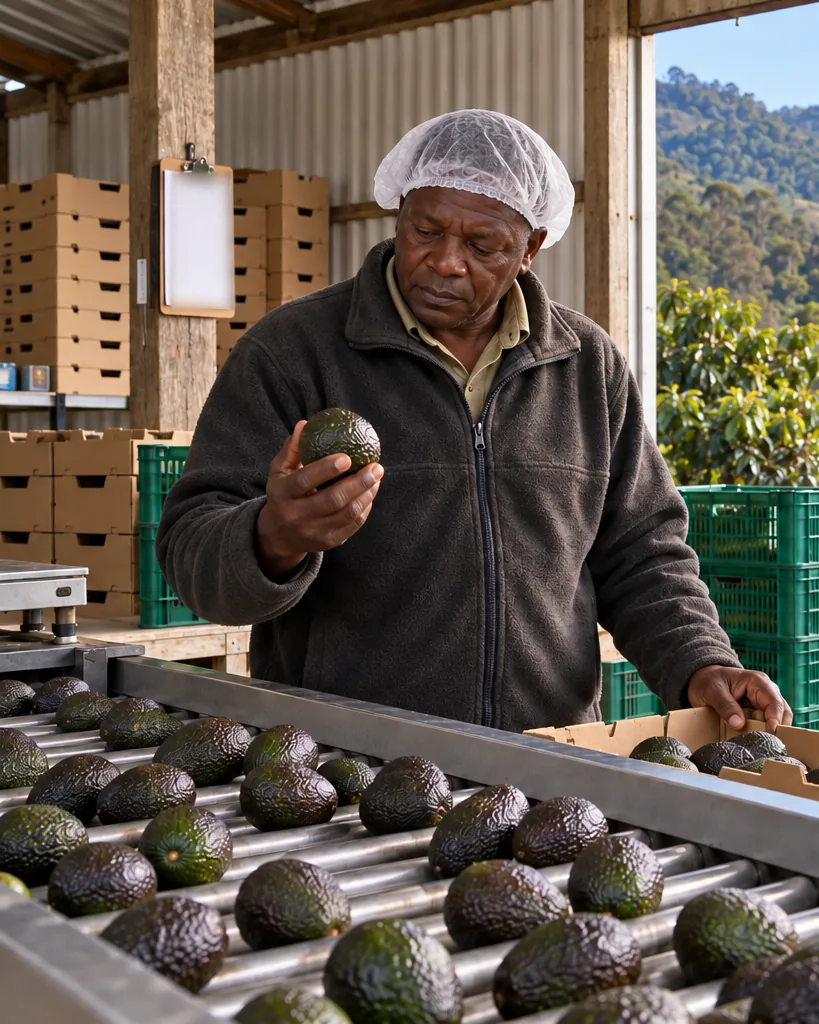 A farm manager in a hairnet checking a Hass avocado at a roller grading table in an open-sided shed, the orchard and the Chipinge hills behind.