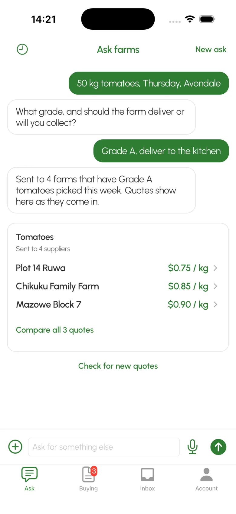 The Ask thread in the buyer app: an ask for 50 kg of tomatoes sent to four farms, and three farms’ quotes with a price per kilogram each. Example data.