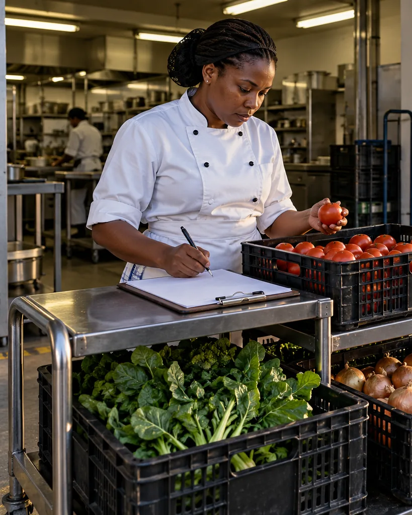 A chef in a white jacket checking a crate of tomatoes against a clipboard on a trolley at a hotel kitchen loading dock, the roller door half open.