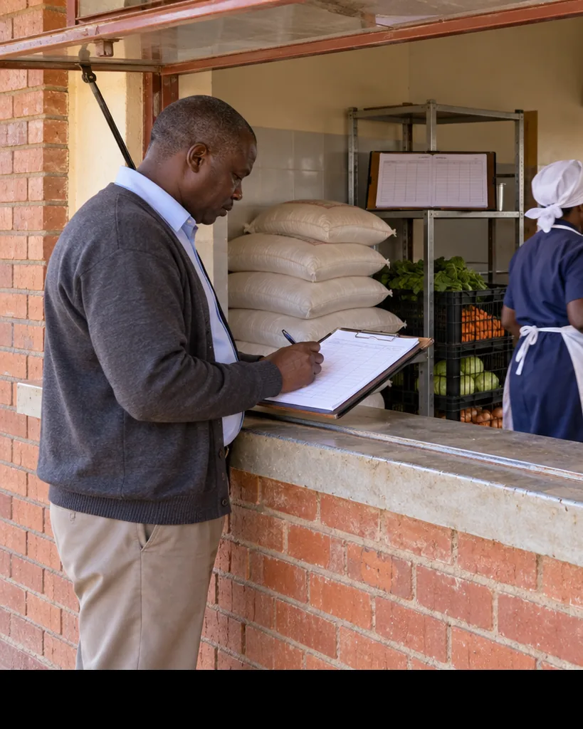 A school bursar at a kitchen serving hatch ticking a delivery register while a kitchen worker carries a crate of vegetables past the pots.